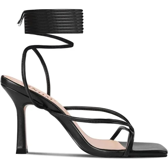 Women's Black Lace Up Square Toe Open Thong Stylish Comfortable Stiletto Heel - Picture 4 of 6